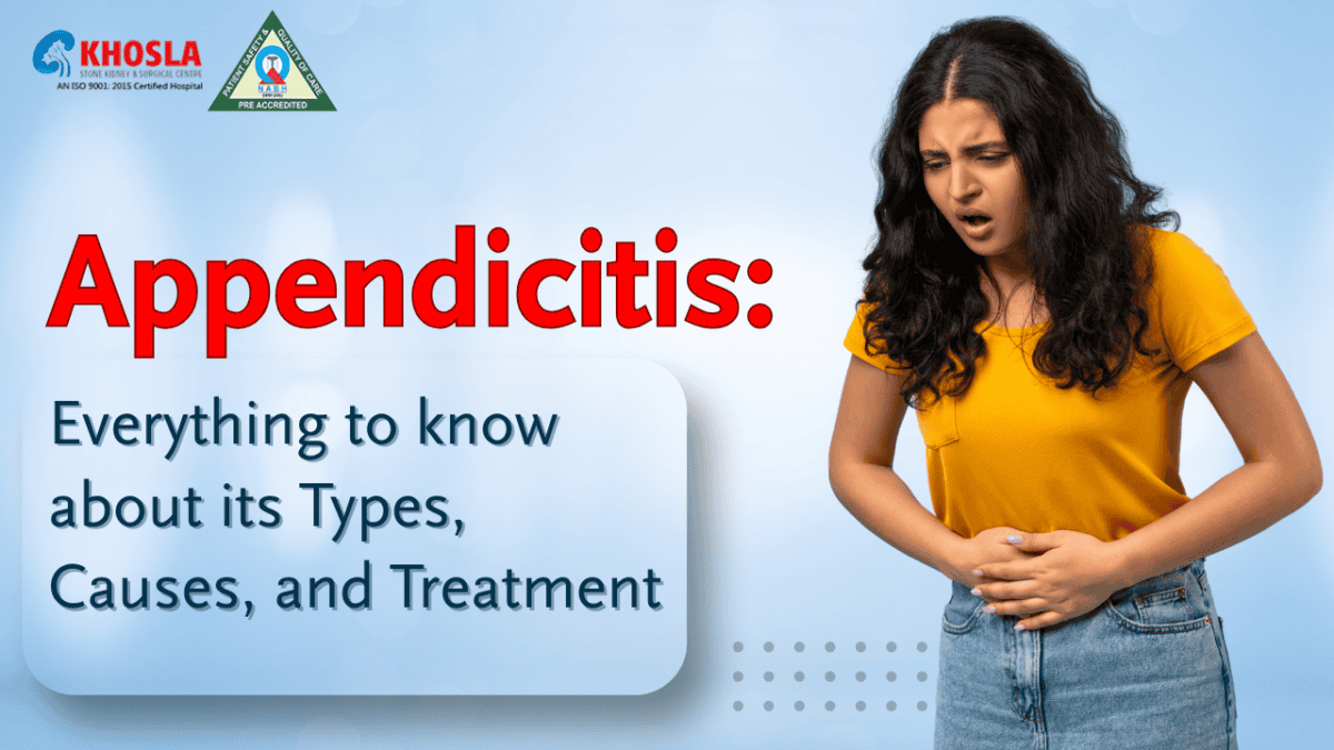 a young woman in pain holding her abdomen, with text highlighting types, causes, and treatment of appendicitis