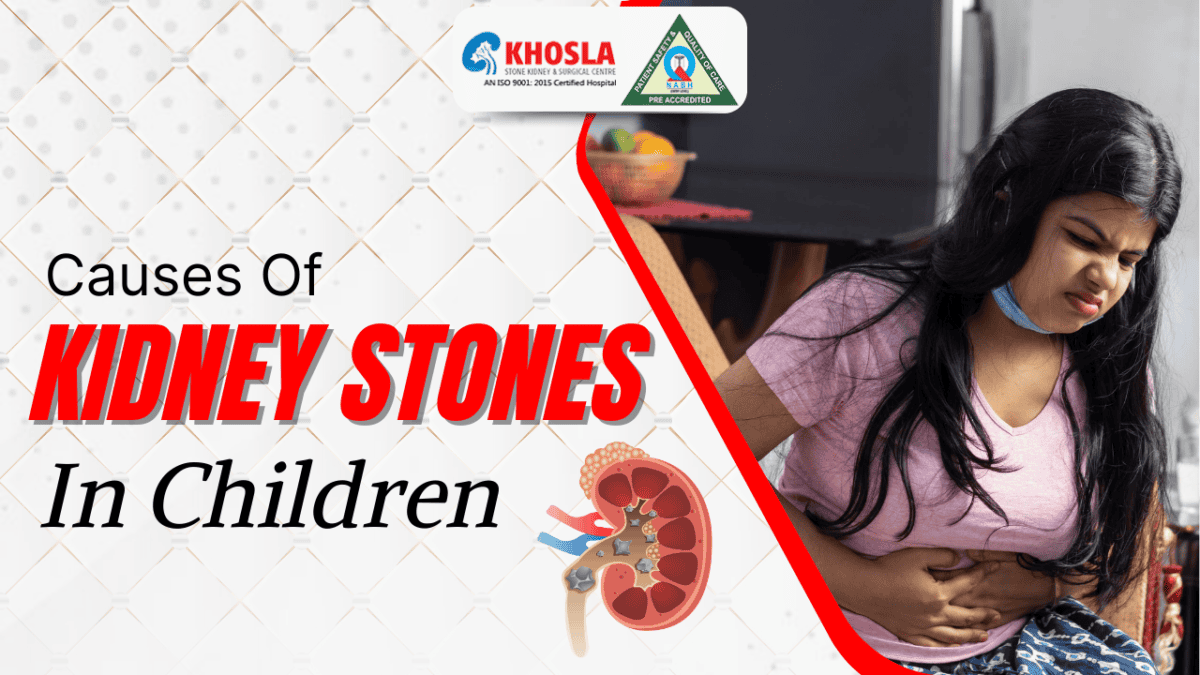 a young girl clutching her abdomen in pain, with a kidney illustration