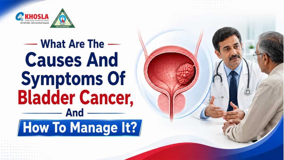 Doctor explaining bladder cancer causes and symptoms to patient.