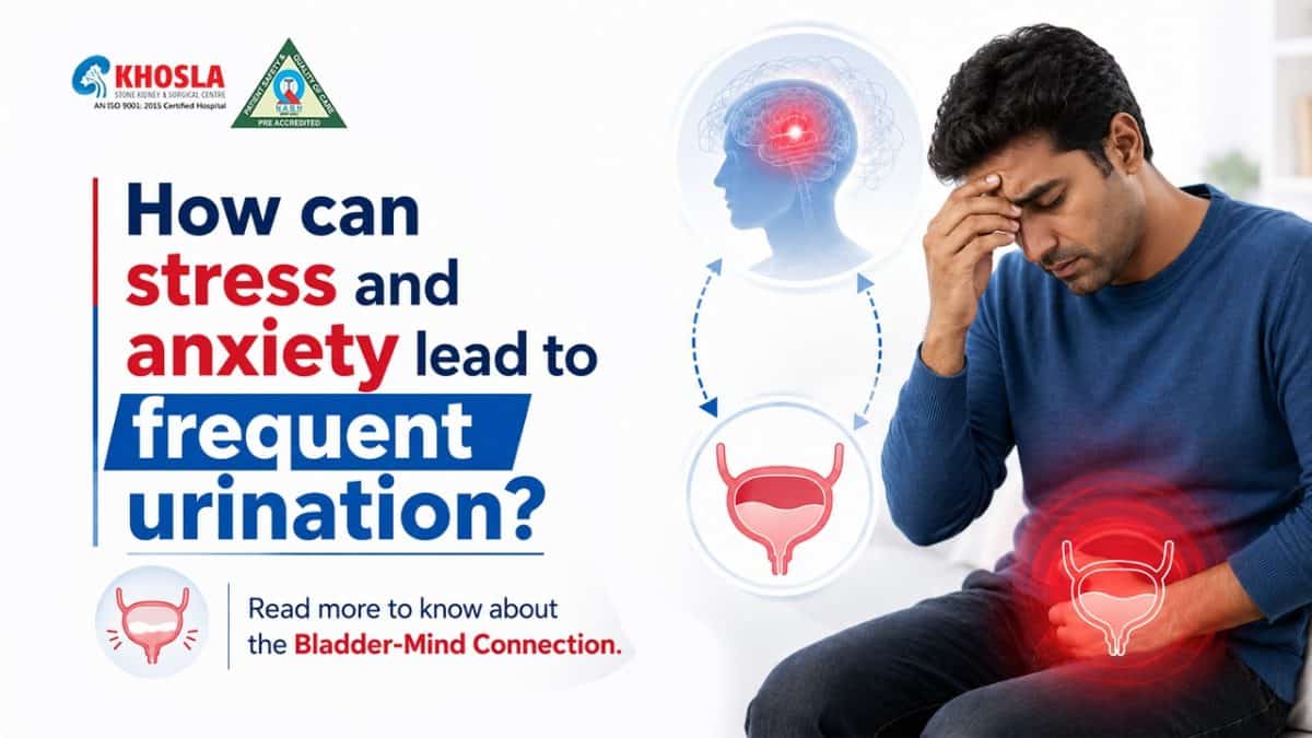 Man experiencing stress with bladder and brain connection illustration.