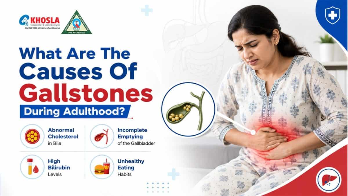 Woman experiencing abdominal pain due to gallstones during adulthood.