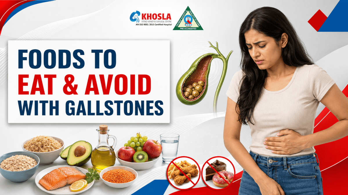 Foods to eat and avoid with gallstones, including whole grains, fruits, healthy fats, lean proteins and fried foods
